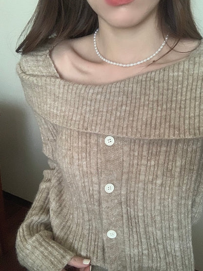 卡其/红色/灰色 慵懒风一字肩开衫One-shoulder cardigan