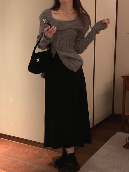 卡其/红色/灰色 慵懒风一字肩开衫One-shoulder cardigan