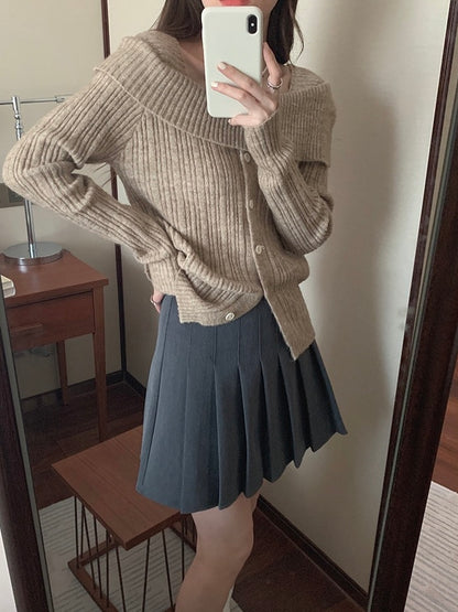 卡其/红色/灰色 慵懒风一字肩开衫One-shoulder cardigan