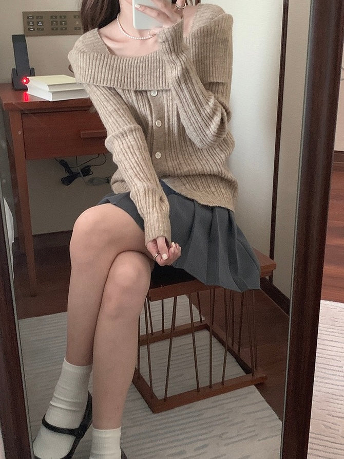 卡其/红色/灰色 慵懒风一字肩开衫One-shoulder cardigan