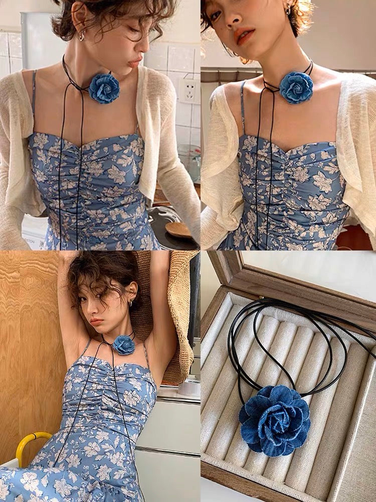 Blue Rose Tie Necklace