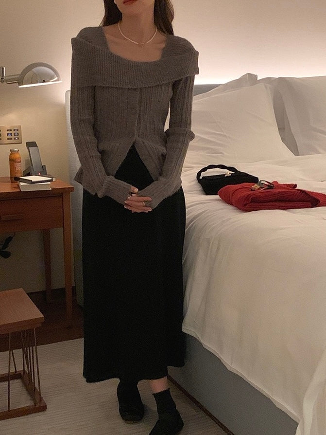 卡其/红色/灰色 慵懒风一字肩开衫One-shoulder cardigan