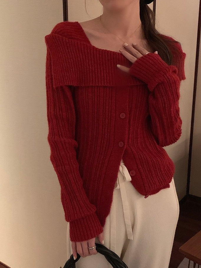 卡其/红色/灰色 慵懒风一字肩开衫One-shoulder cardigan