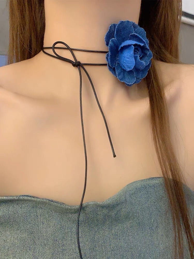 Blue Rose Tie Necklace