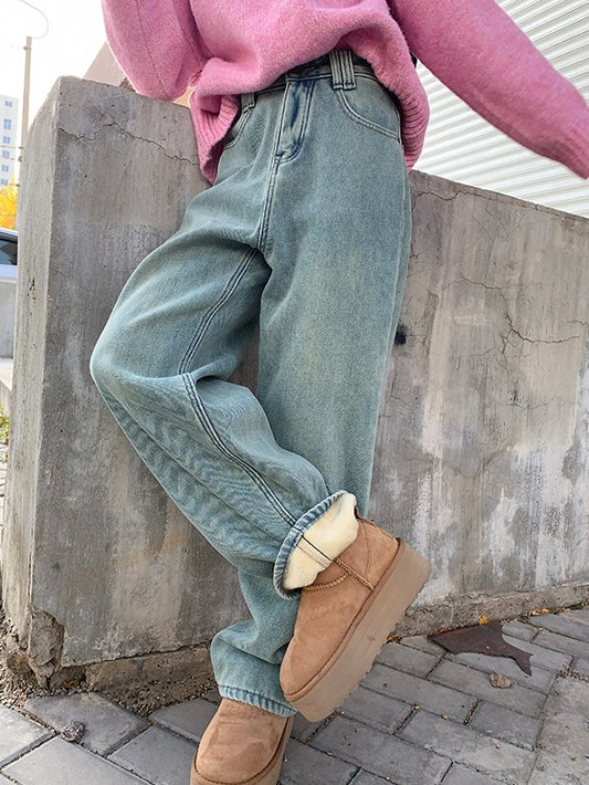 20%OFF_浅蓝色加绒宽松牛仔裤Light Blue Padded Loose Jeans