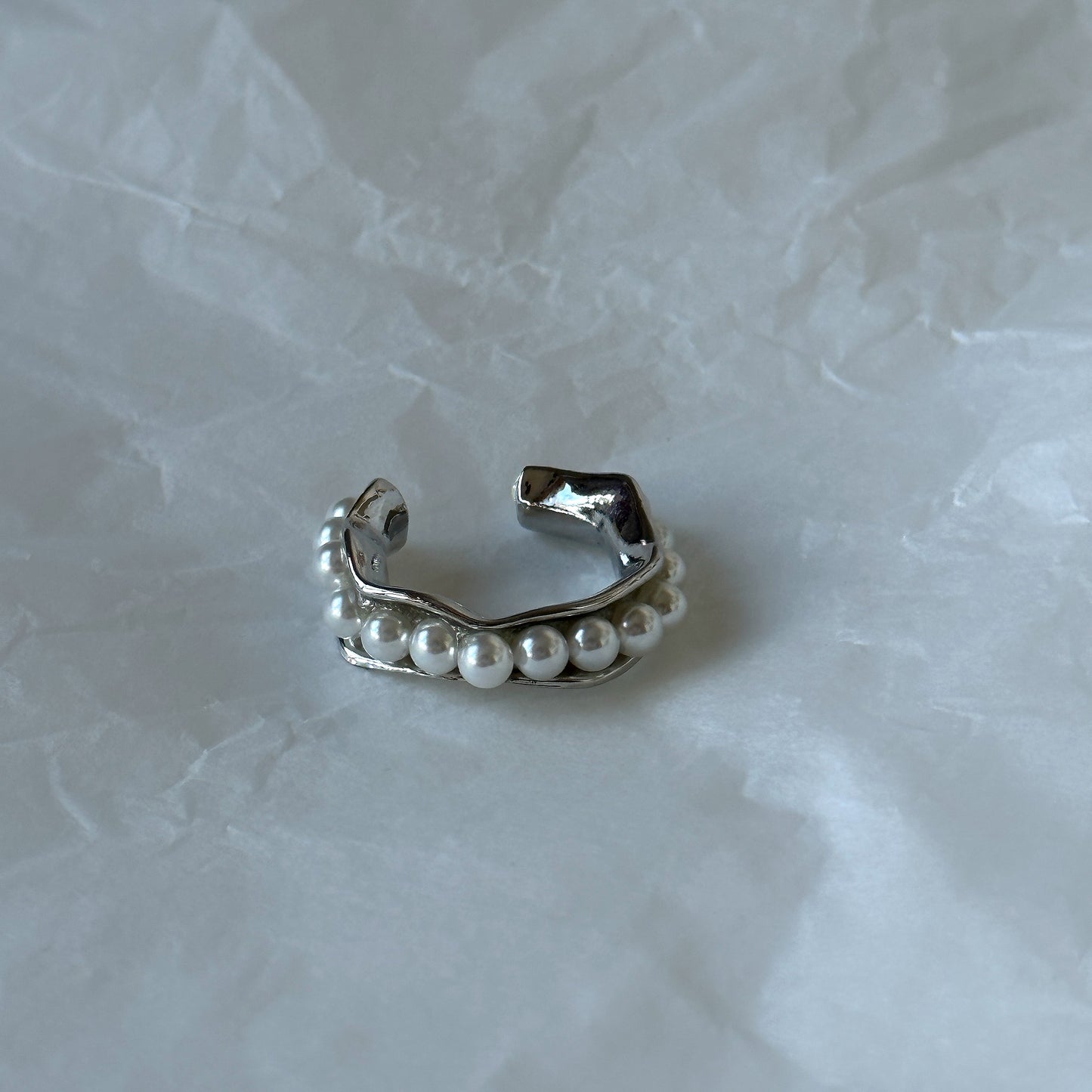 Silver Iregular Shape Ring with Pearls