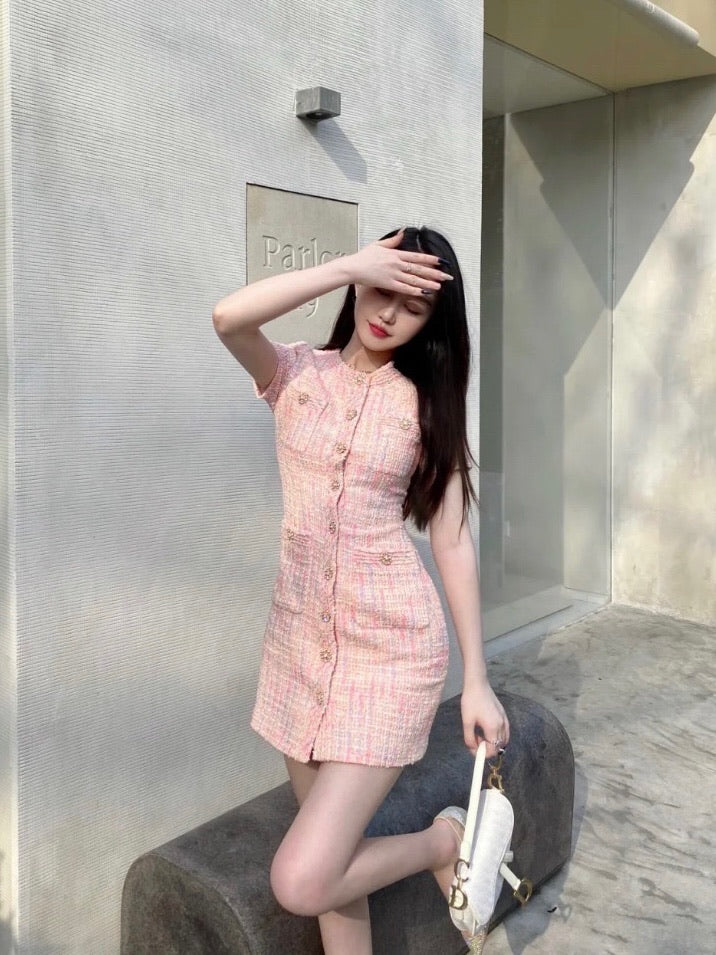 毛呢编制小香连衣裙Blush Pink Tweed Dresses