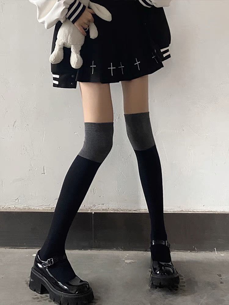 黑色灰边拼色过膝袜Black and Grey Over the Knee Socks