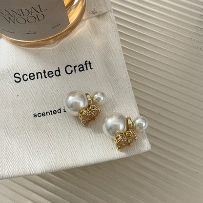 Pearl Stud  Earrings with Pink Gemstone