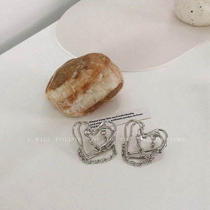 Heart Silve Plated Stud Earrings with Chain