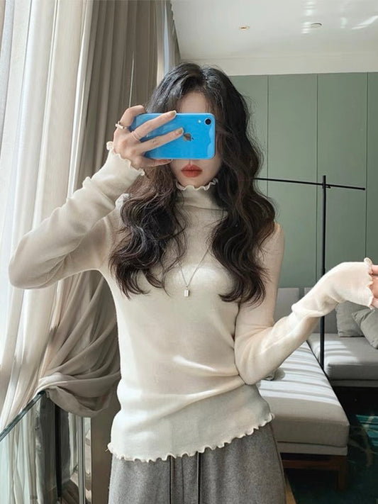 50%OFF_米色花边高领打底Long Sleeve Turtleneck Knit Top