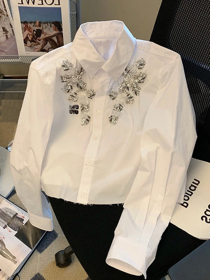 20%OFF_重工白色闪钻衬衫Gemstone White Long Sleeve Shirt