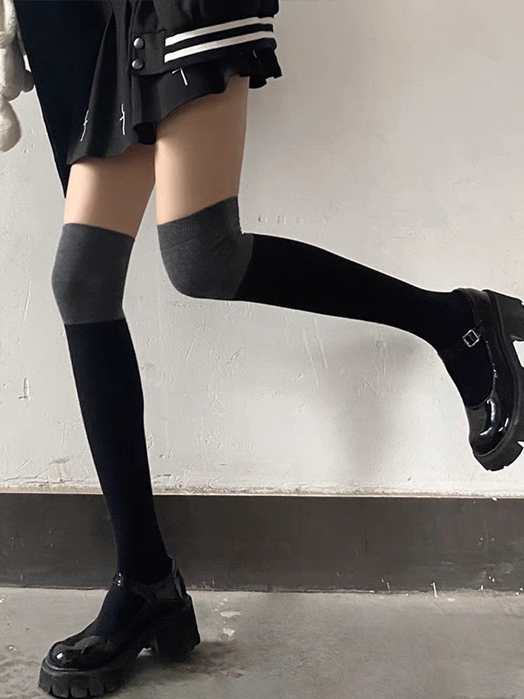 黑色灰边拼色过膝袜Black and Grey Over the Knee Socks