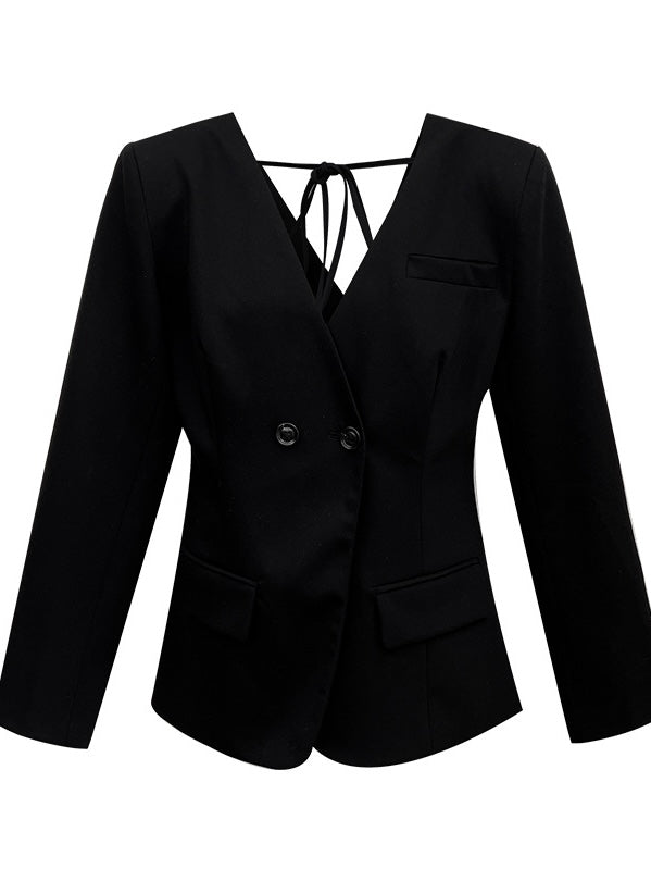 高级感V领露背小西装Black V Neck Pocket Blazer