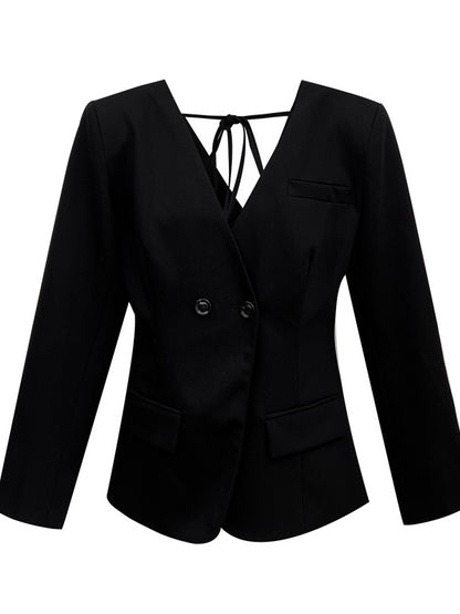 高级感V领露背小西装Black V Neck Pocket Blazer