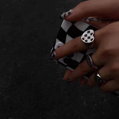 Silver-Plated Ring with Black and White Plaid