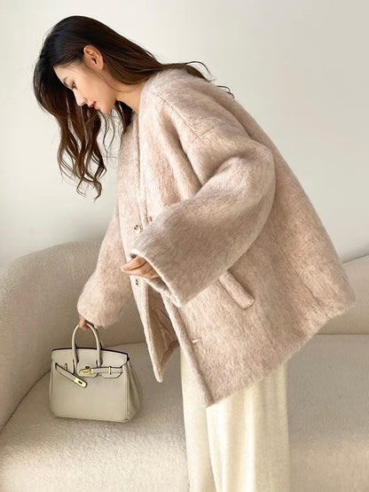 50%OFF_粉色v领廓形外套Blush Pink Wool Coatni