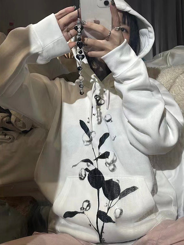 30%OFF_白色加绒速写卫衣White Hoodie with Flower Pattern