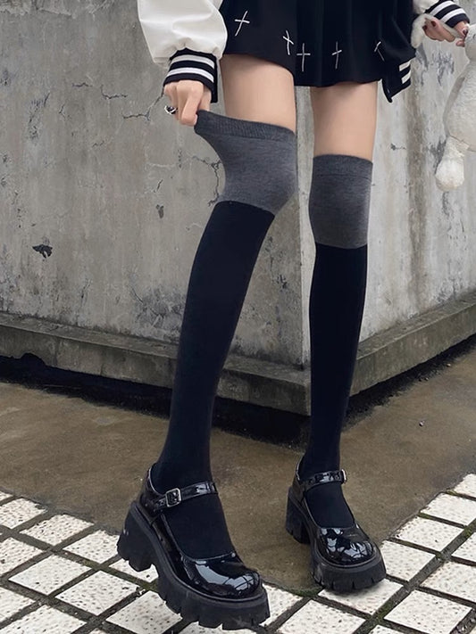 黑色灰边拼色过膝袜 Black and Grey Over the Knee Socks