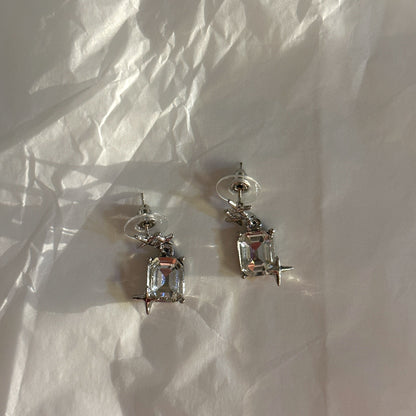 Silver Stud Earrings with Rectangle Crystal