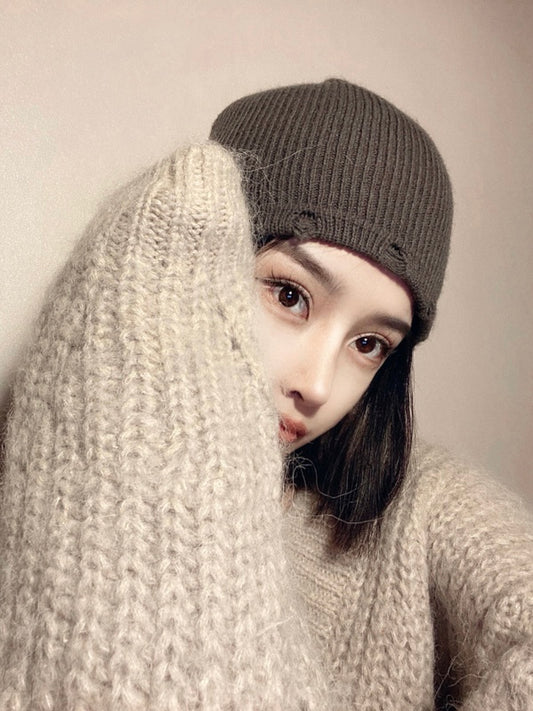 50%OFF_破洞毛线冷帽Coffee Grey Beanie with Rips