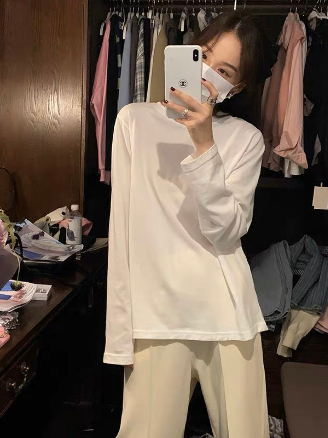 50%OFF_纯棉圆领长袖打底衫White Long Sleeve Top