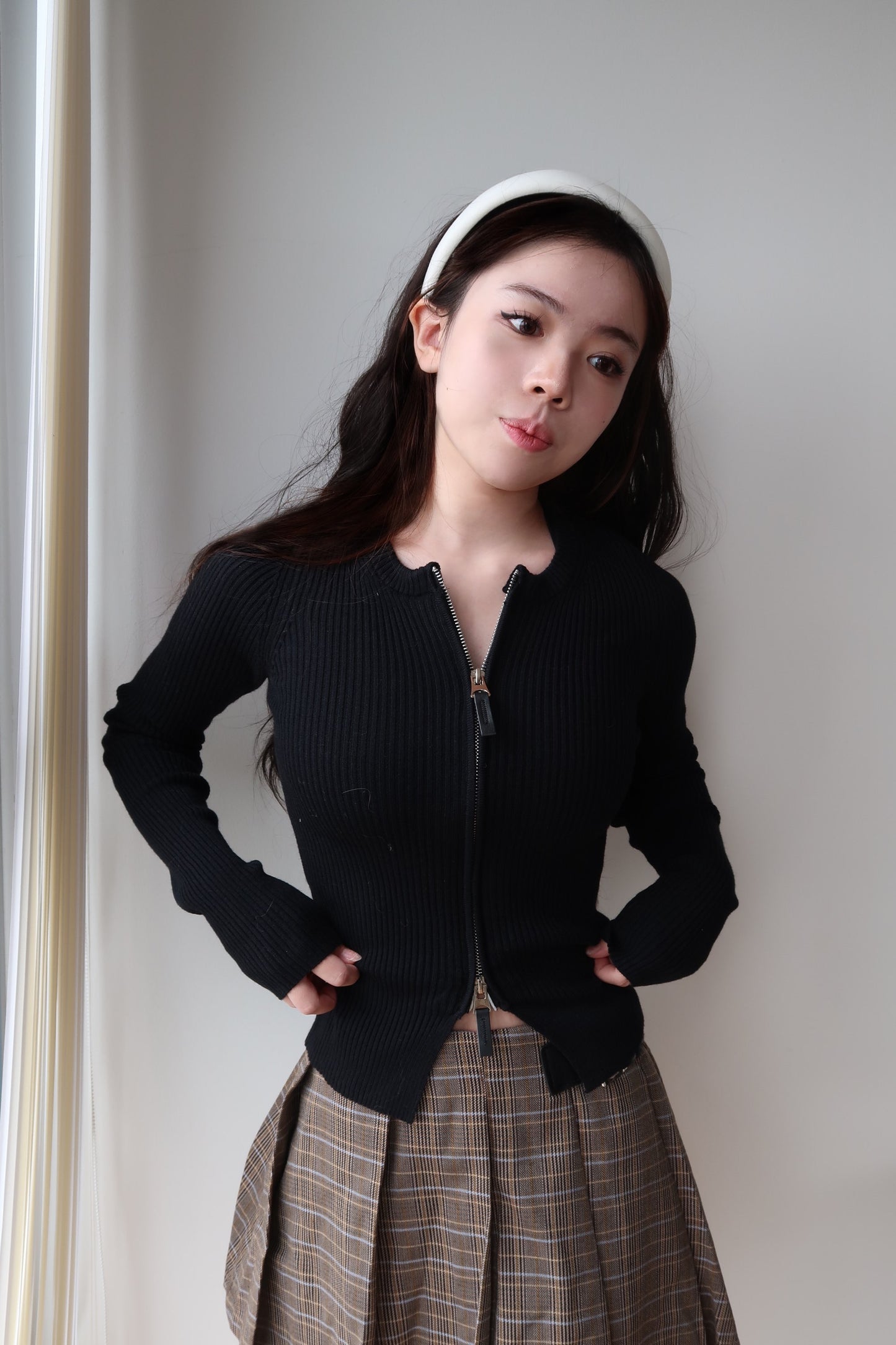 双拉头薄羊毛打底衫Zip Ribbed Cardigan