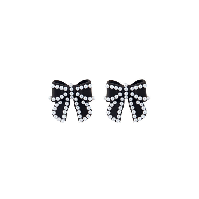 Black Bow-tie Stud Earrings with Pearls