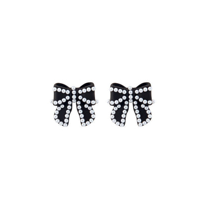 Black Bow-tie Stud Earrings with Pearls