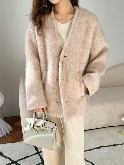 50%OFF_粉色v领廓形外套Blush Pink Wool Coatni