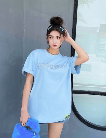 50%OFF_超级女友短袖Sky Blue Oversized Diamond Top