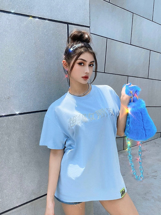 50%OFF_超级女友短袖Sky Blue Oversized Diamond Top